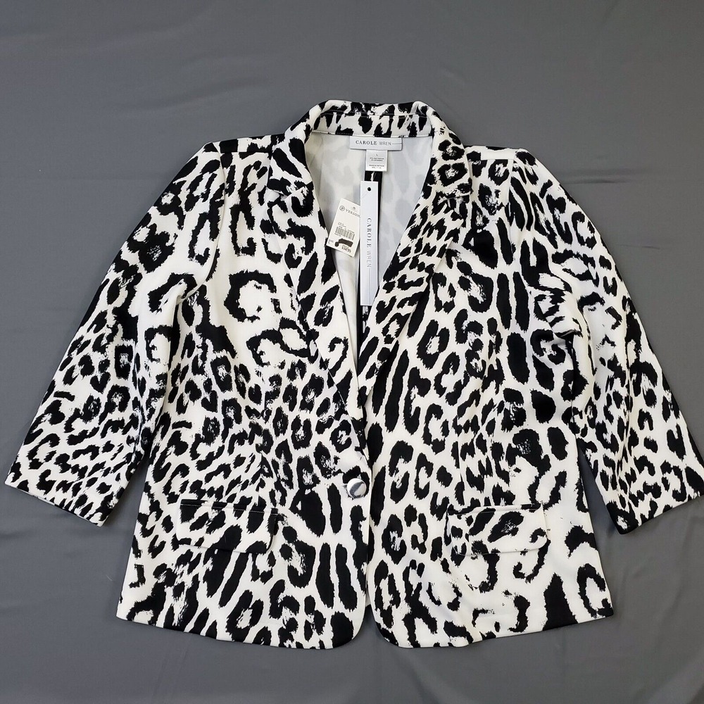 Carole Wren Jacket Womens Large L 3/4 Sleeve Blazer Cheetah White